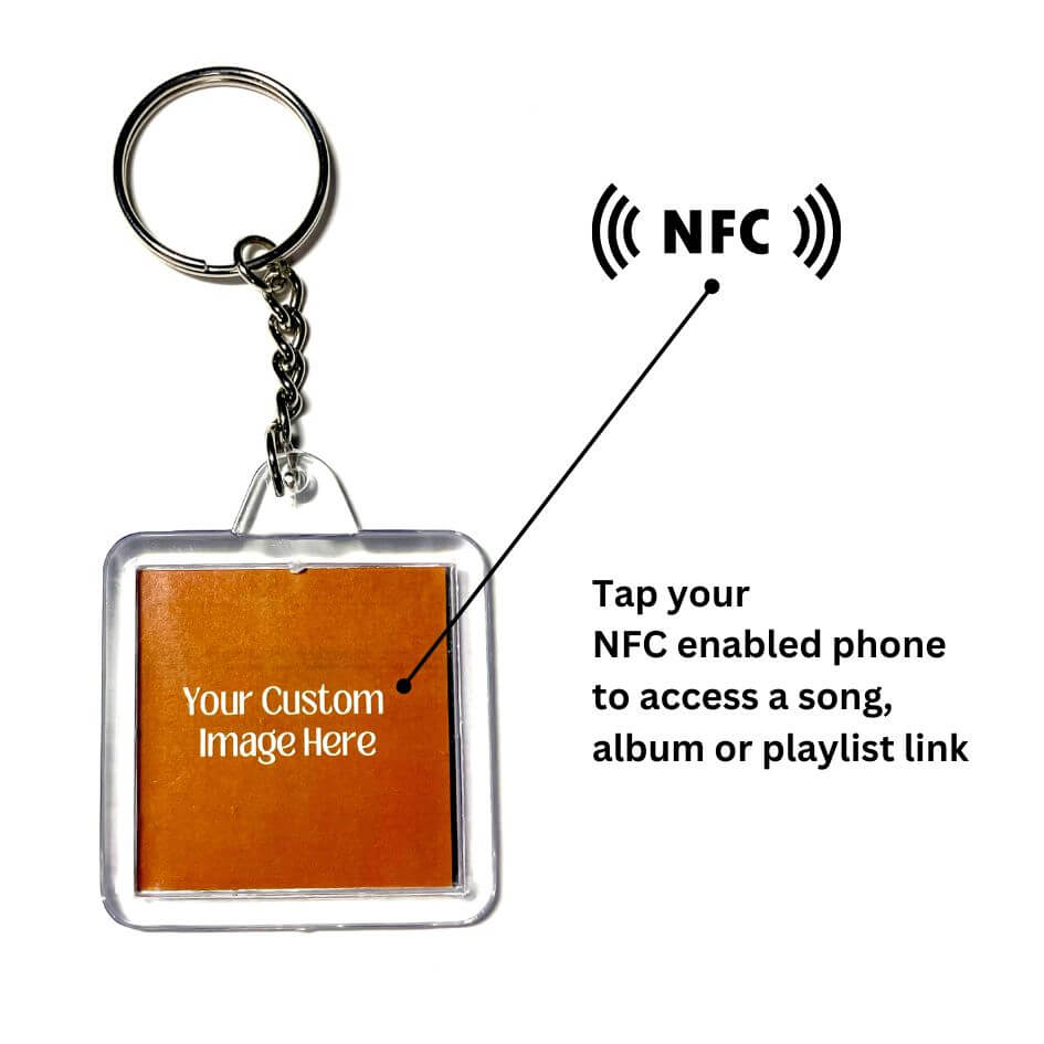 Customizable NFC keychain with frame for personal images, plays music with a tap on NFC-enabled devices. Perfect tech gift.