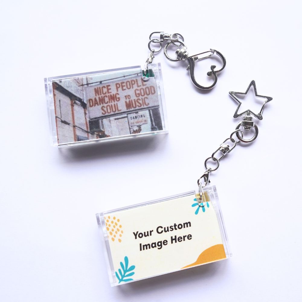 Cassette NFC Keychain with customizable image display on a white background