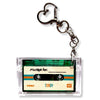 Mini Cassette NFC keychain with personalized label on a white background