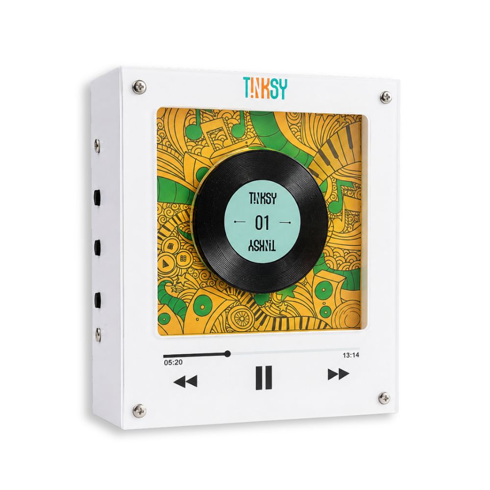 NFC fridge magnet player box with a transparent front panel showing a stylized vinyl record