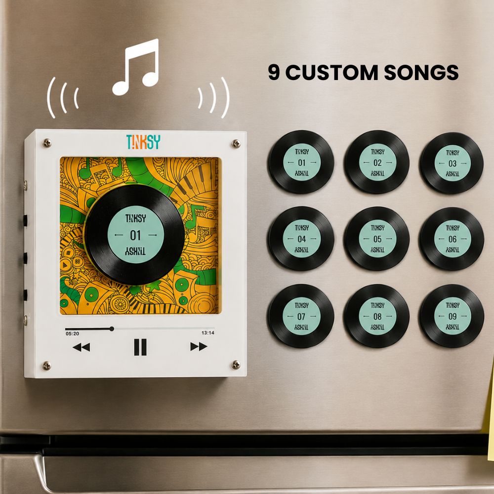 Tinksy Jukebox an NFC music player fridge magnet with 9 vinyl record playing a song