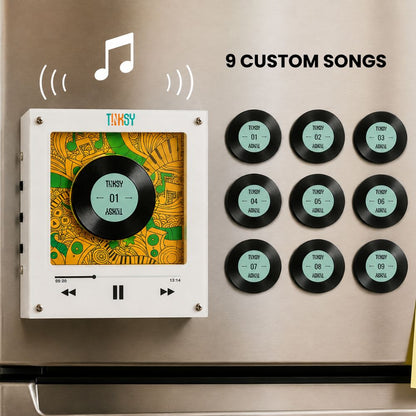 Tinksy Jukebox an NFC music player fridge magnet with 9 vinyl record playing a song