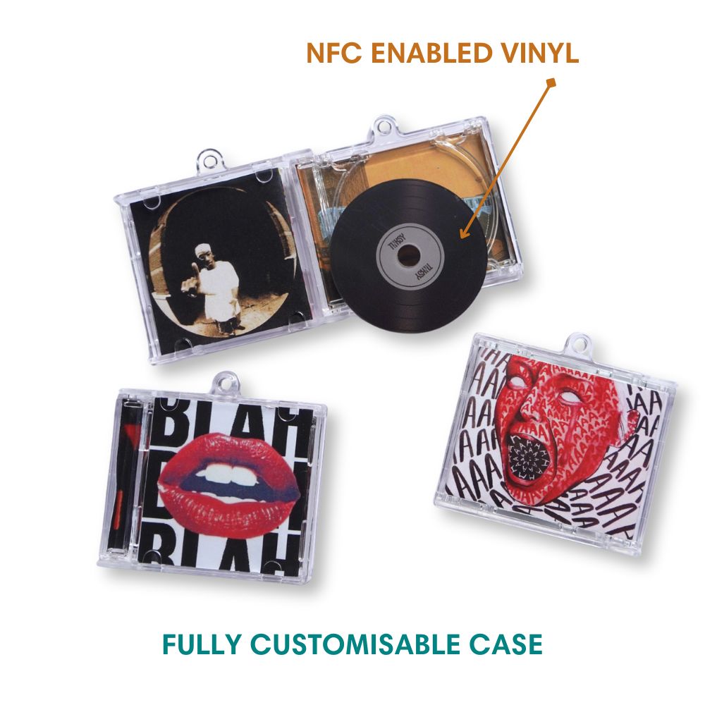 NFC-enabled vinyl records in customisable cases on a white background