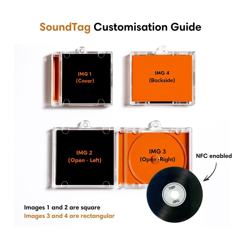 An illustration showcasing the customization options for the SoundTag NFC keychain. It features a square cover and backside in black and orange, alongside an open view displaying the left and right sections, with a vinyl record.