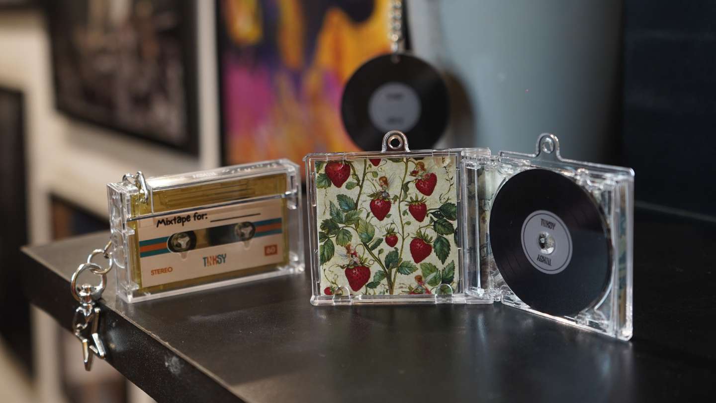 Mini NFC CD Keychain, Mini Cassette Keychain and Vinyl Tag by Tinksy