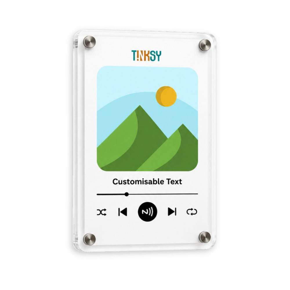 A clear acrylic picture magnetic frame with rounded corners and four silver metal screws, displaying a customizable music player style graphic with green mountains, a yellow sun, and the brand name 'TINKSY' at the top.